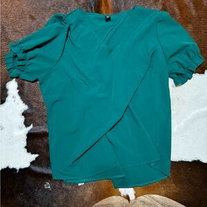 Emerald green, short sleeve ruffle blouse, v neck